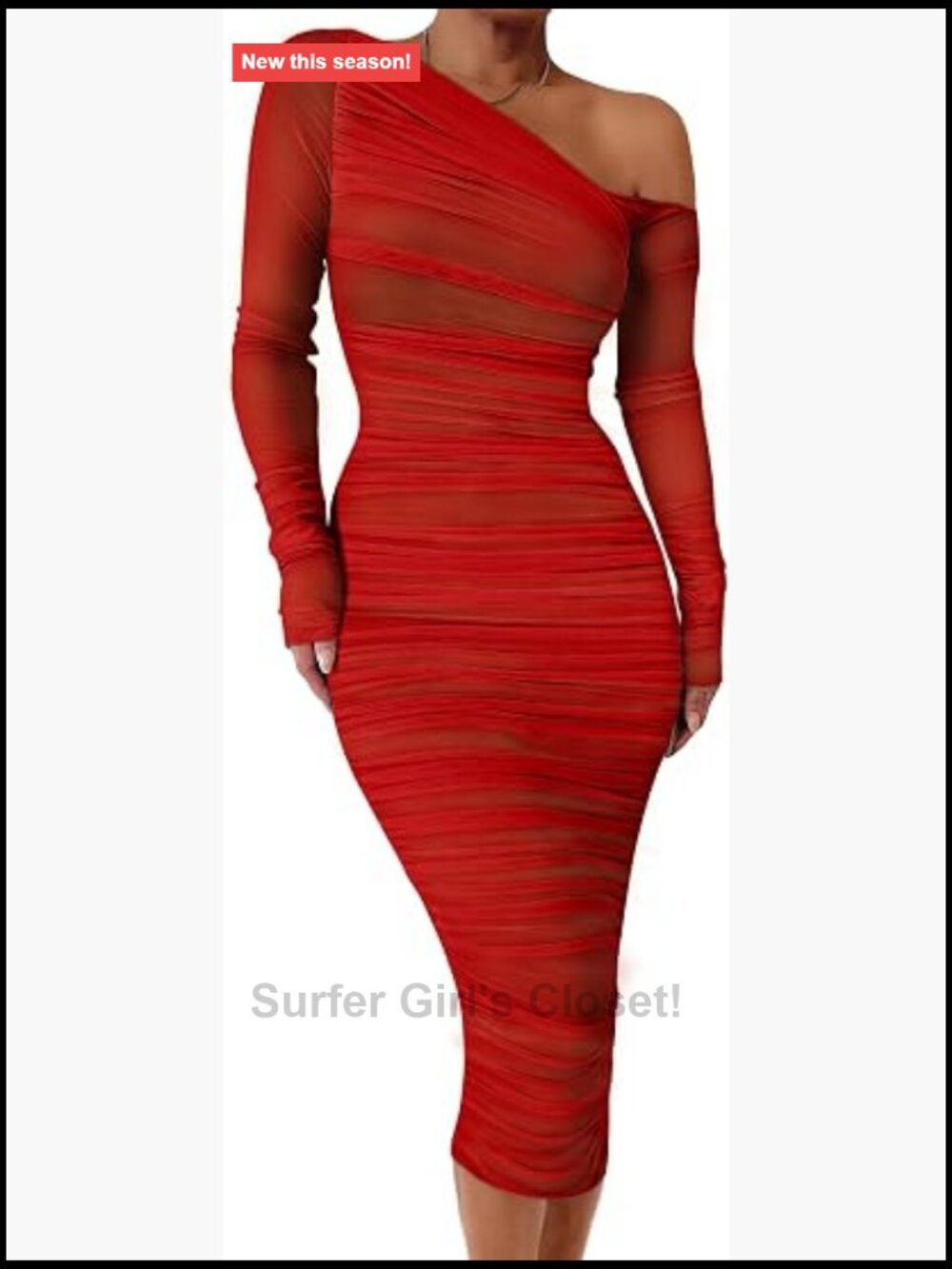 Long Sleeve Bodycon Midi Dress Off Shoulder Mesh Ruched Party
